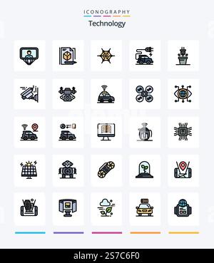 Creative Technology 25 Line FIlled icon pack  Such As camera. plant. decentralized. plug. electric car Stock Vector