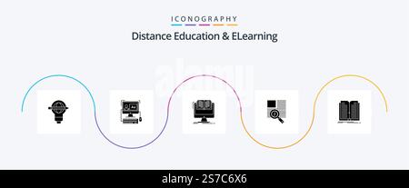 Distance Education And Elearning Glyph 5 Icon Pack Including reading. text. editing. line. cv Stock Vector