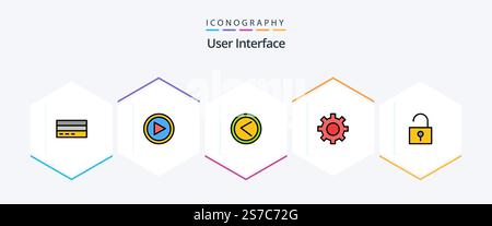 User Interface 25 FilledLine icon pack including user. gear. play. setting. left Stock Vector
