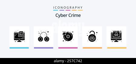 Cyber Crime Glyph 5 Icon Pack Including computer. robbery. database. financial.. Creative Icons Design Stock Vector