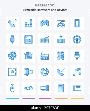 Creative Devices 25 Blue icon pack  Such As charge. tablet. controller. phone. devices Stock Vector