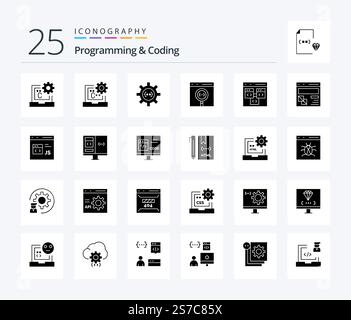 Programming And Coding 25 Solid Glyph icon pack including development. browser. development. development. coding Stock Vector
