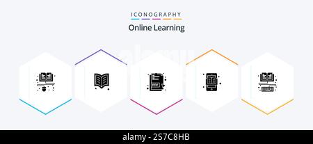 Online Learning 25 Glyph icon pack including education. book. pdf. e-learning. education apps Stock Vector