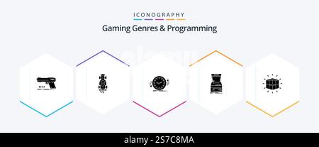 Gaming Genres And Programming 25 Glyph icon pack including game. arcade. racing. time. clockwise Stock Vector