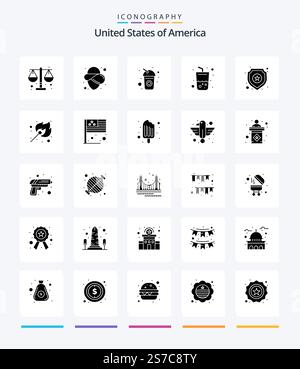 Creative Usa 25 Glyph Solid Black icon pack  Such As star. shield. cola. cola. drink Stock Vector