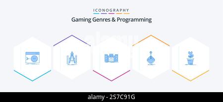 Gaming Genres And Programming 25 Blue icon pack including gaming. arcade. math. landmark. fort Stock Vector