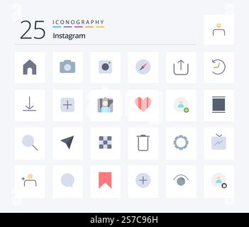 Instagram 25 Flat Color icon pack including logo. upload. photo. up. navigation Stock Vector