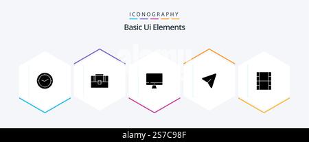 Basic Ui Elements 25 Glyph icon pack including movi. computer. computer. mouse. arrow Stock Vector