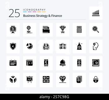 Business Strategy And Finance 25 Solid Glyph icon pack including trophy . document. growth . files . Stock Vector