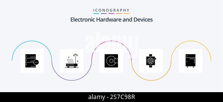 Devices Glyph 5 Icon Pack Including watch. devices. technology. apple. products Stock Vector