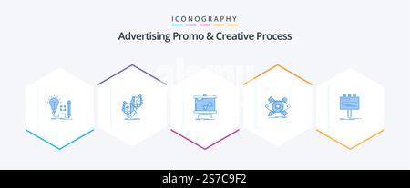 Advertising Promo And Creative Process 25 Blue icon pack including designer. stats. package. graph. chart Stock Vector