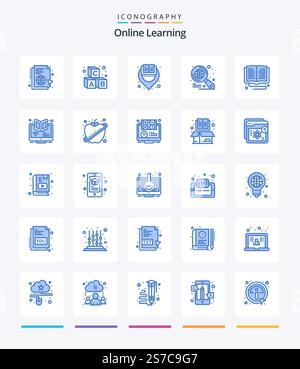 Creative Online Learning 25 Blue icon pack  Such As library. search. school. internet. learning Stock Vector
