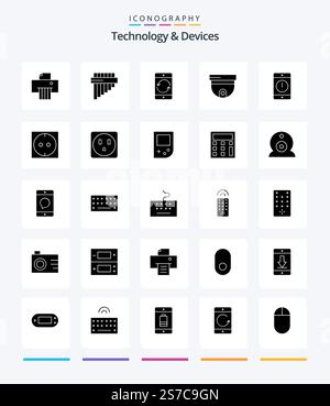 Creative Devices 25 Glyph Solid Black icon pack  Such As devices. alert. device. surveillance. roof Stock Vector