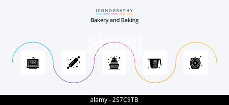 Baking Glyph 5 Icon Pack Including chrono. jug. bread rolling pin. cooking. sweets Stock Vector
