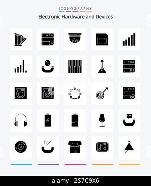 Creative Devices 25 Glyph Solid Black icon pack  Such As phone. sim. cam. mobile. surveillance Stock Vector