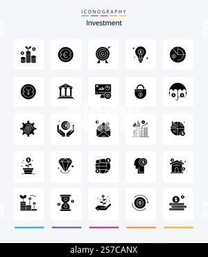 Creative Investment 25 Glyph Solid Black icon pack  Such As analysis. investing. target. idea. bulb Stock Vector