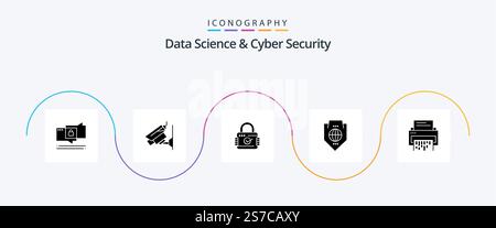 Data Science And Cyber Security Glyph 5 Icon Pack Including confidential. globe. lock. protection. access Stock Vector