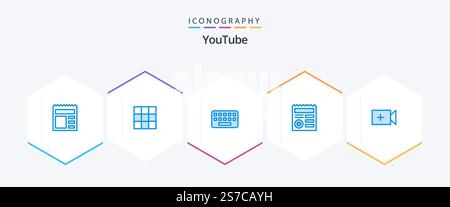 Youtube 25 Blue icon pack including ui. video. typing. medical. document Stock Vector