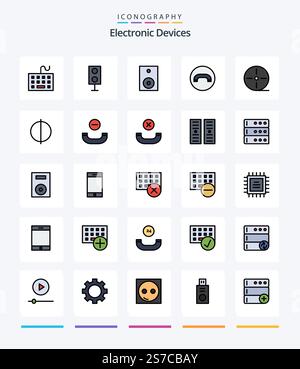 Creative Devices 25 Line FIlled icon pack  Such As antialiasing. gadgets. speaker. film. hang up Stock Vector