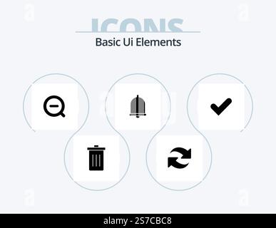Basic Ui Elements Glyph Icon Pack 5 Icon Design. check. notification. repeat. bell. delete Stock Vector