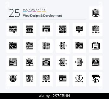 Web Design And Development 25 Solid Glyph icon pack including cloud sharing . web page . web. gear Stock Vector