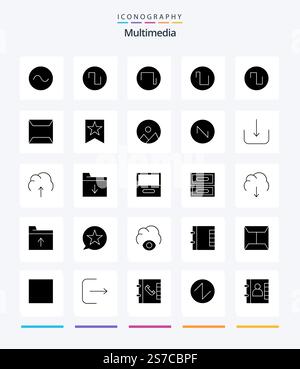 Creative Multimedia 25 Glyph Solid Black icon pack  Such As wave. saw tooth. sealed. round. image Stock Vector