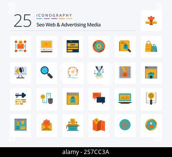 Seo Web And Advertising Media 25 Flat Color icon pack including settings. tech. audio. seo. data Stock Vector