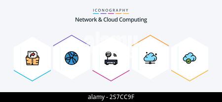 Network And Cloud Computing 25 FilledLine icon pack including safe. technology. electronic. server. data Stock Vector