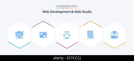 Web Development And Web Studio 25 Blue icon pack including devices. flow. page. diagram. chart Stock Vector
