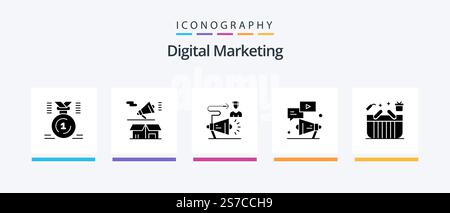 Digital Marketing Glyph 5 Icon Pack Including video. megaphone. box. announcement. target. Creative Icons Design Stock Vector