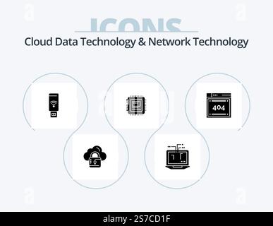 Cloud Data Technology And Network Technology Glyph Icon Pack 5 Icon Design. computing. hardware. usb . computer. cpu Stock Vector