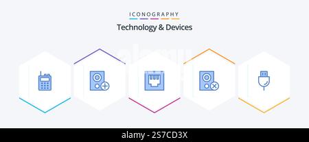 Devices 25 Blue icon pack including plug. devices. ethernet. remove. gadget Stock Vector