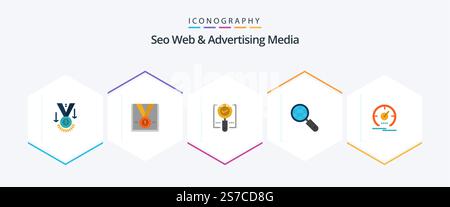 Seo Web And Advertising Media 25 Flat icon pack including speed. dashboard. ok. gauge. search Stock Vector
