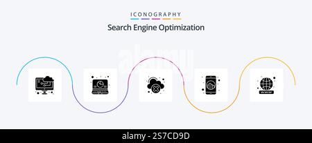 Seo Glyph 5 Icon Pack Including website. domain. network. online. seo Stock Vector