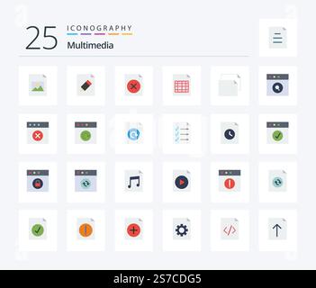 Multimedia 25 Flat Color icon pack including search. app. file. landscape. copy Stock Vector