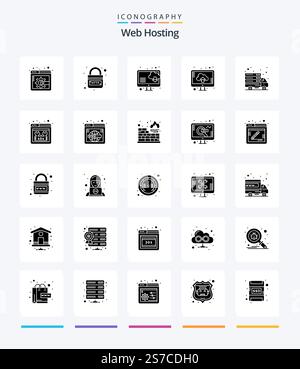 Creative Web Hosting 25 Glyph Solid Black icon pack  Such As web server. online. computer. internet. storage Stock Vector