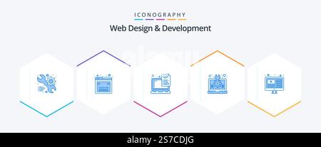 Web Design And Development 25 Blue icon pack including laptop. idea. device. design. coding Stock Vector