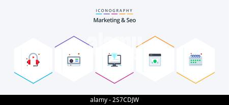 Marketing And Seo 25 Flat icon pack including shield. protection. diamond. password. seo Stock Vector