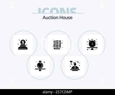 Auction Glyph Icon Pack 5 Icon Design. clock. law. law. gavel. auction Stock Vector