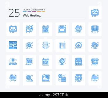 Web Hosting 25 Blue Color icon pack including database server. server. cloud. internet. database Stock Vector