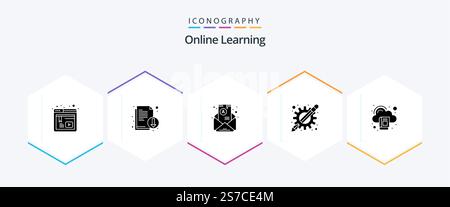 Online Learning 25 Glyph icon pack including education. learning apps. letter. education apps. apps Stock Vector