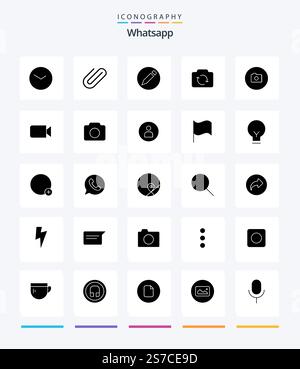 Creative Whatsapp 25 Glyph Solid Black icon pack  Such As basic. camera. basic. ui. refresh Stock Vector