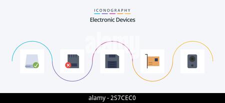 Devices Flat 5 Icon Pack Including devices. card. hardware. gadget. disc Stock Vector