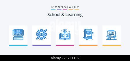 School And Learning Blue 5 Icon Pack Including . education. book. board. notebook. Creative Icons Design Stock Vector