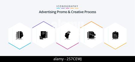 Advertising Promo And Creative Process 25 Glyph icon pack including identity. brand. sketch. thinking. head Stock Vector