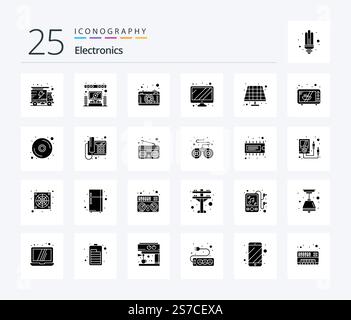 Electronics 25 Solid Glyph icon pack including electronics. eco. photography. battery. screen Stock Vector