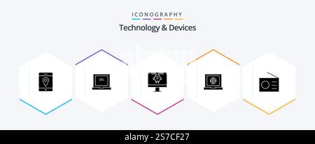 Devices 25 Glyph icon pack including . . globe. technology. gadgets Stock Vector