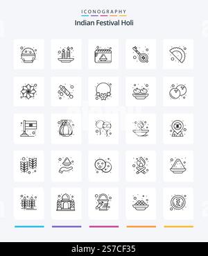 Creative Holi 25 OutLine icon pack  Such As gujjia. party. calendar. veena. india Stock Vector
