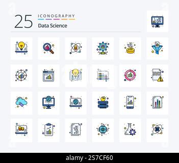 Data Science 25 Line Filled icon pack including conversion. user. chemistry. settings. gear Stock Vector