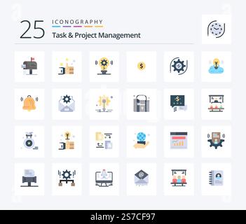 Task And Project Management 25 Flat Color icon pack including money. setting. idea. gear. money Stock Vector